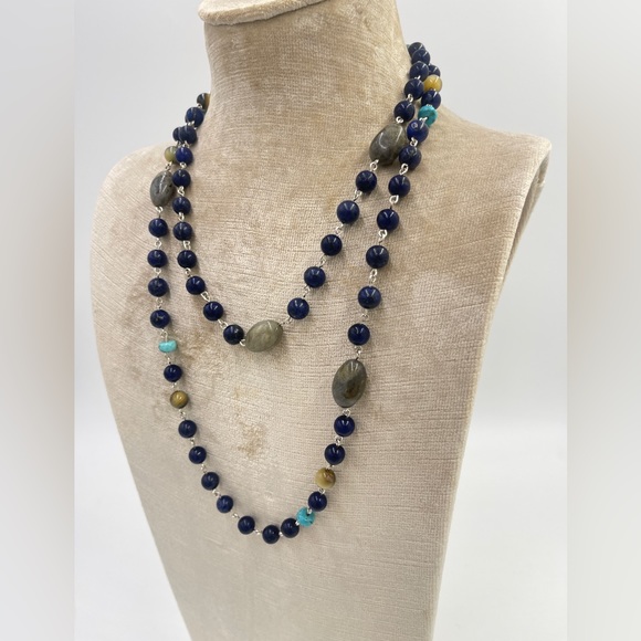 44” wire wrapped long genuine Lapis, labradorite, gold tiger eye, stone necklace - Picture 2 of 3